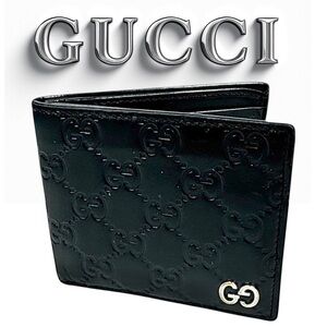Gucci Black Leather Bifold Wallet GG Logo Silver Hardware Men’s Authentic